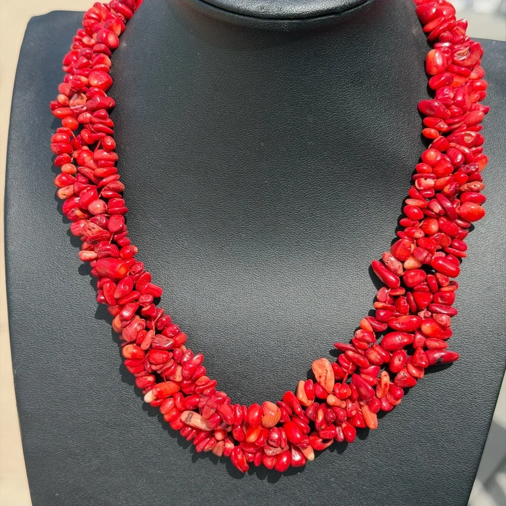 Red Coral Beaded 3 Strand Necklace 16” - Picture 1 of 5